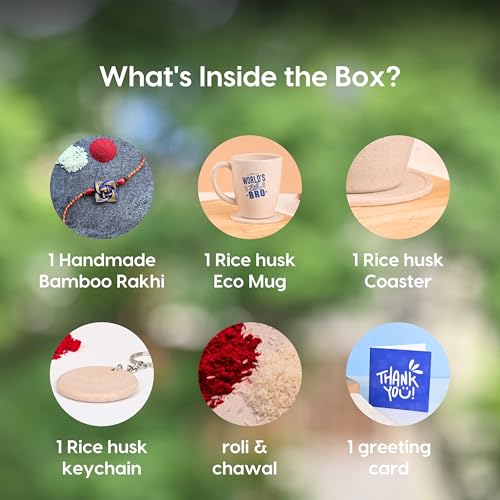 Image of Eha Earth Friendly Rakshabandhan Gift Made with Rice Husk| 300 ml, Set of 1 | Includes 1 Printed Coffee Mug, Coaster,Keychain & Bamboo Rakhi| Rakhi Set for Brother | Rakshabandhan gift for Brother