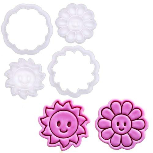 BAKERLOGY Happy Days - Mini 2" Cookie Cutter & Stamp Set - Happy Daisy & Happy Sun Design for Easter, Summer & Spring Cookies, Cupcakes & Fondant Decorations