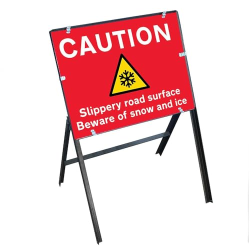 V Safety Caution: Slippery Road Surface – Beware of Snow and Ice Sign with Stanchion Frame – High-Visibility Winter Safety Signage