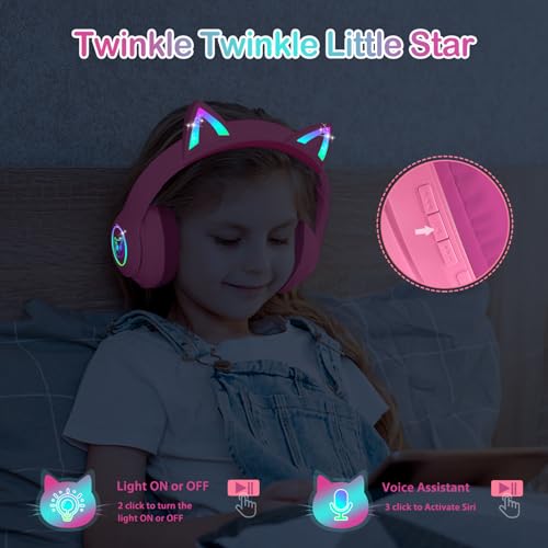 Image of LOBKIN Bluetooth 5.3 Kids Headphones with Case - RGB LED Light Up Cat Ears Foldable Adjustable Over-Ear Headset Support Wireless or 3.5mm Wired Mode for Toddler & Girls & Boys Teens (Rose Red)