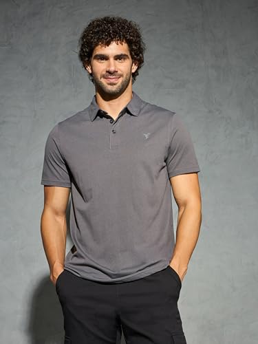 Image of TECHNOSPORT Men's Solid Slim Fit Polo Collar T-Shirt COTFLEX Half Sleeve Button Polyester for Gym Running Workout UPF50+ Anti Odour