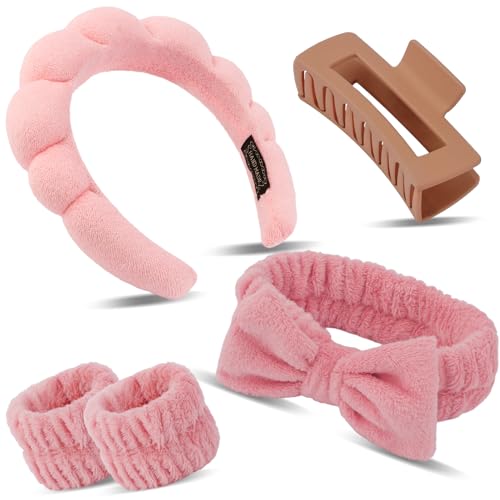 Canitor Spa Headband Wristband Set with Hair Clips Skincare Headbands for Washing Face Skin Care Puffy Makeup Headband Wrist Bands Preppy Teen Girl Gifts Cute Trendy Stuff Hair Accessories for Women