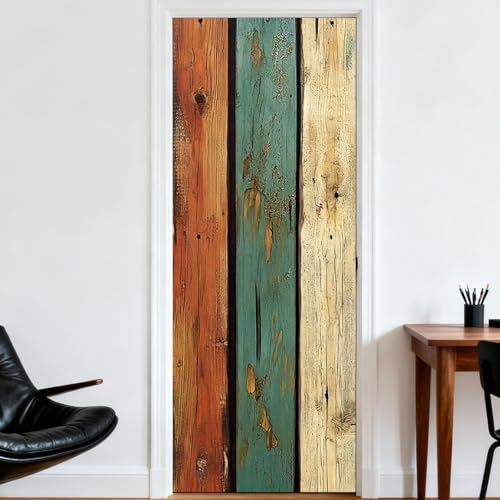 Nuxovilar Door Stickers Covers Multicolor Wooden Plank Pattern PVC 30.3x78.7