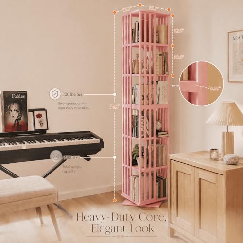 Image of Lauxery Rotating Bookshelf Tower, Pink, 6 Tier | 1200 lbs total capacity, 360 degree rotation, dual shelf heights, easy setup, for Small Space, Reading Corner