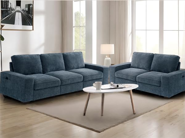 Image of TEKAMON 100 inch Modular Sofa with Seats Storage, Comfy 3-Seater Chenille Fabric Couch for Living Room, Office, Apart W /Deep Seat, USB Charging, Upholstered Couch with Removable Cover (Blue)