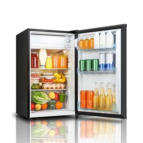 Image of Seaoola Mini Fridge with Freezer, Single Door 4.4 Cu.Ft, Compact Mini Refrigerator, LED Light, Adjustable Thermostat, Removable Glass Shelves, Small Refrigerator for Dorm/Office/Bedroom(Black)