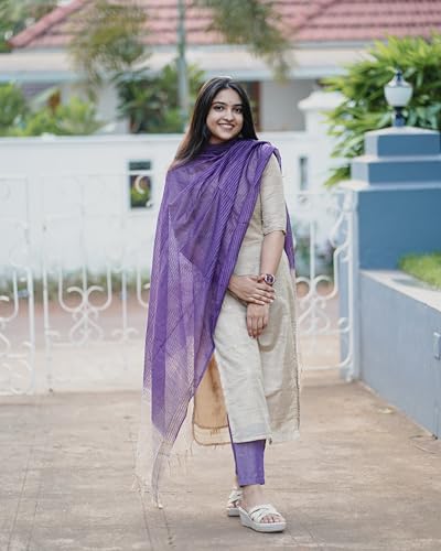 Image of GoSriKi Women's Chanderi Straight Solid Kurta with Pant & Dupatta