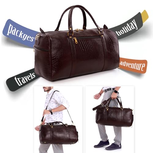 Image of HYATT Leather Accessories Weekender Travel Duffle Bag with Separate Shoe /Laundry Compartment for Men & Women Made of Natural Dry-Milled Leather (C-Brown)