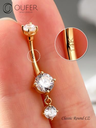 OUFER Belly Button Rings, 14K Solid Gold Belly Rings, Dangle Belly Button Piercing, 14G Belly Piercing Jewelry, Clear CZ Navel Rings, Heart Belly Rings for Women Men3