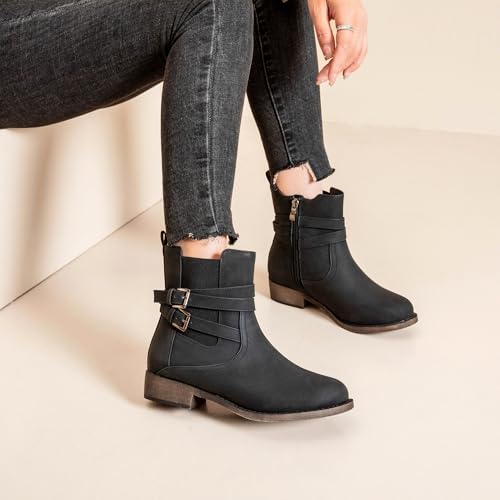 Ataiwee Women's Ankle Boots - Classic Side Zip, Comfortable Platform, Cover with Buckle Strap, Round Toe, Low Chunky Heel Comfort Slip On Fashion (Black/Dark Brown/Grey) Boots. 5