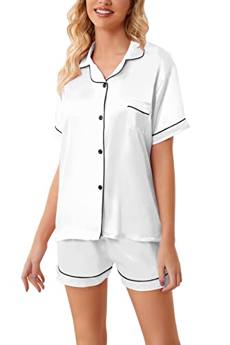 Image of Schbbbta Girls Womens Pajamas, Satin Silky Pjs Set Kids 2Pcs Button-Down Nightwear Sleepwear Gift for Mommy and me