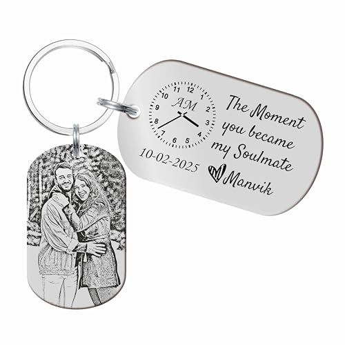 Image of Stainless Steel Couple Key Chain With Custom Photo Engraving Gift For Partners Customize Keychain Anniversary For Couples Husband Wife Wedding Birthday Valentine's Day Precious Love