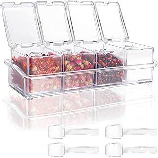 Clear Seasoning Boxes 4 PCS/Set, Feelfly Acrylic Spice Shakers Spice Jars Spice Pots Cruet Jars Condiment Bottles Barbecue Storage Containers with Spoon & Lid & Tray for Salt Pepper Sugar (Clear)