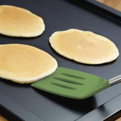 Image of Tovolo Silicone Cooking Utensil Set of 6 Stainless Steel Handle Ladle Slotted Turner Tongs Flex Core Spatula Scraper Mixing Spoon & Potato Masher, Dishwasher Safe BPA Free Utensils, Pesto Green