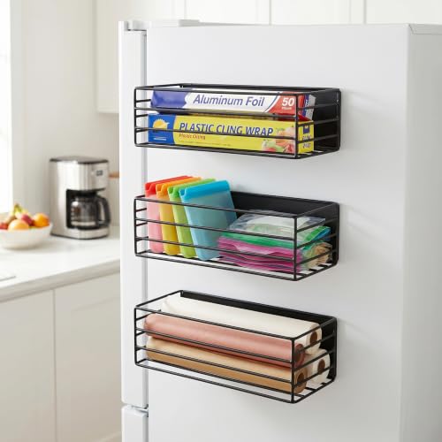 Image of Amazon Basics Magnetic Organizer for Fridge Space-Saving side Storage (27.5 x 11 X 7.5 cm, Iron, Black), Set of 3, Load Capacity: 1.5Kg