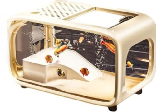 EVREFIN 小型水槽セット カバー付き キリフィッシュ、ベタ、金魚、テトラポッド魚用 静音フィルター デスクトップ リビングルーム 寝室 屋内 クリエイティブ カバーデスクトップ (【クリーム色・ベーシックモデル】クライミングフレーム付き)