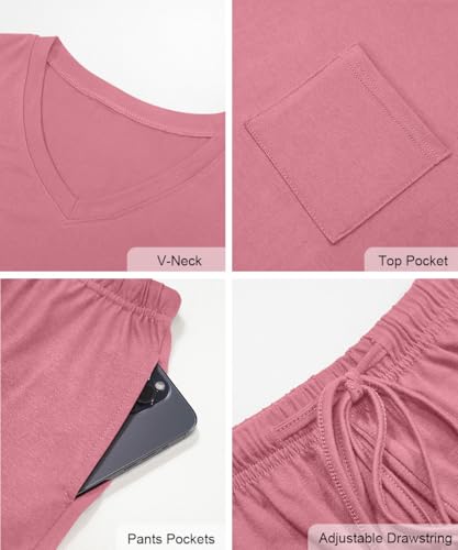 Image of RUBZOOF Women's Short Sleeve Pajama Sets with Pockets Casual V Neck 2 Piece Lounge Sets S-3XL