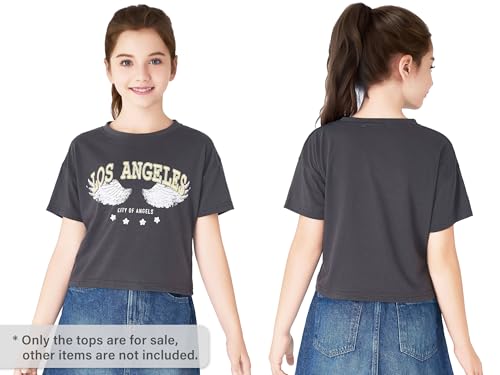 Image of Dvenki Girls Graphics Crop Short Sleeve Crewneck Tee Size 6-18 | soft cotton blend fabric, cropped short hem, fun graphic print, casual summer tops for school and vacation