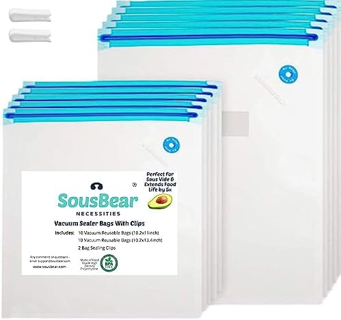 Vacuum Zipper Bags for Food – 20 Reusable Sous Vide Bags for Anova, Joule Cookers – 2 Sizes Sous Vide Bag Kit – 2 Sealing Clips for Food Storage and Sous Vide Cooking