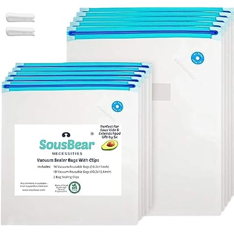 Vacuum Zipper Bags for Food - 20 Reusable Sous Vide Bags for Anova, Joule Cookers - 2 Sizes Sous Vide Bag Kit - 2 Sealing Clips for Food Storage and Sous Vide Cooking Cover