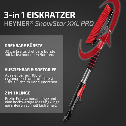 HEYNER® Eiskratzer mit Besen Scheibenkratzer mit Messingklinge, ausziehbar mit drehbarer Schneebürste