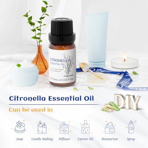 Image of HIQILI 0.33 Fl Oz Citronella Oil for Homemade Sprays, Add to Diffuser, 100% Pure and Natural Undiluted, Portable - 10ml