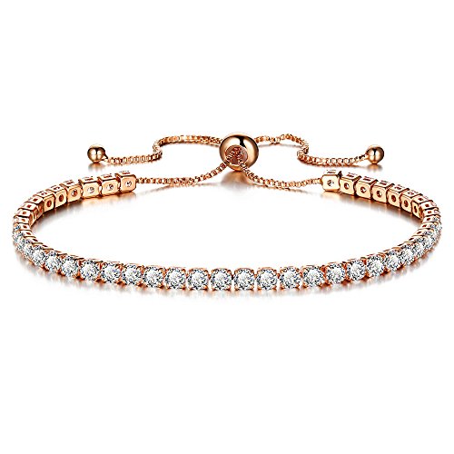 Tennis Bracelets for Women Adjustable Bolo Style Sterling Silver with Sparkling Cubic Zirconia (white crystal, rose gold chain)¡­