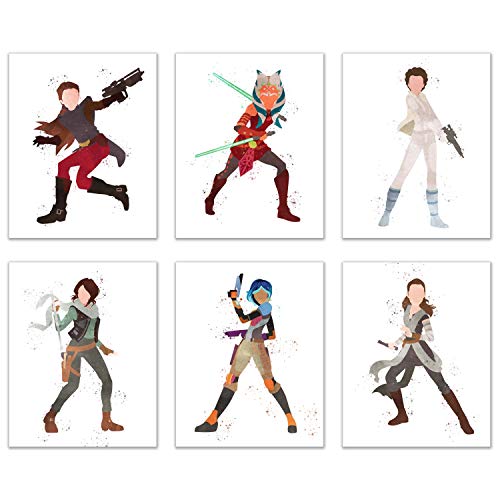 Watercolor Star Wars: Forces of Destiny Poster Prints - Set of 6 (8x10) Animated YouTube Wall Art Decor - Ahsoka Tano - Jyn Erso - Rey - Princess Leia Organa - Padme Amidala - Sabine Wren