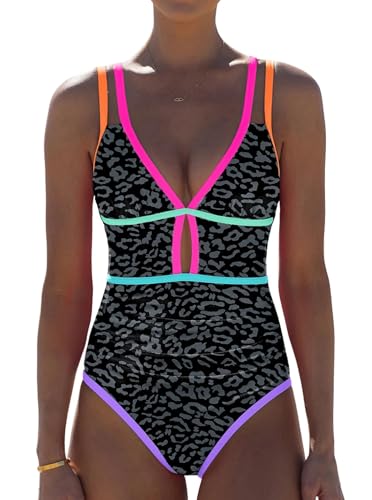 Image of popvil Women One Piece Swimsuit 2026 Tummy Control Sexy Cutout Neon Color Block Bathing Suit Slimming Adjustable Swimwear