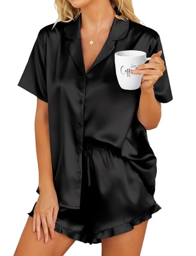 HOTOUCH Womens Silk Satin Pajamas Set Button Down Short Sleeve Sleepwear Set 2 Piece Ruffled Pjs Black, S