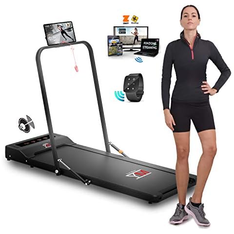 YM Cinta de correr eléctrica y Walking Pad con barra de soporte y porta tablet, aplicación Kinemap y Zwift, reloj mando a distancia, 6 programas Cover