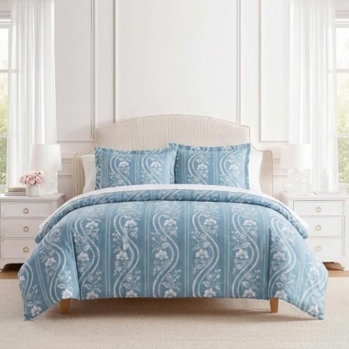 Image of Martha Stewart - Queen Comforter Set, Smooth Sateen Front with Subtle Sheen & Lightweight Cotton Percale Reverse, 3 Piece Bed Set with Matching Pillowcases (Sophia Stripe Blue)