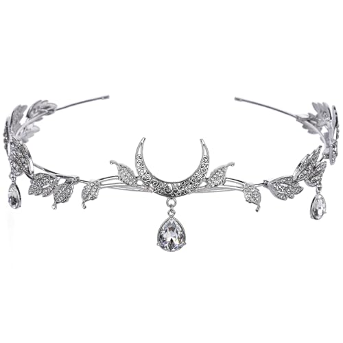 CoTeeZa Fairy Crown Rhinestone Leaf Circlet - Leaf Wedding Elf Crown Moon Forehead Headpiece Greek Goddess Circlet Headwear for Women Renfaire Halloween Prom Masquerade