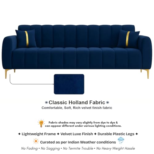 Image of FURNY Harmony 3 Seater Velvet Fabric Sofa Set (Blue) with Golden Finish Legs | Durable & Comfortable | Ideal for Living Room