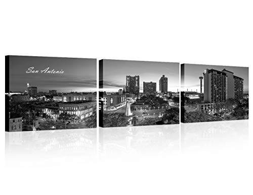 TUMOVO San Antonio Skyline Bathroom Decor Wall Art Black and White Modern San Antonio Downtown Night Cityscape Pictures to Decorate the Living Room Stretched and Framed Ready to Hang 14x20 inch x3