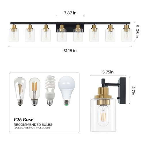Image of 8-Light Bathroom Light Fixture Black and Gold Vanity Lights,52 inch | Vanity Lights for Bathroom,Clear Glass Shade,over Mirror,Modern Wall Sconces Farmhous Wall Mounted for Bathroom,E26 Base