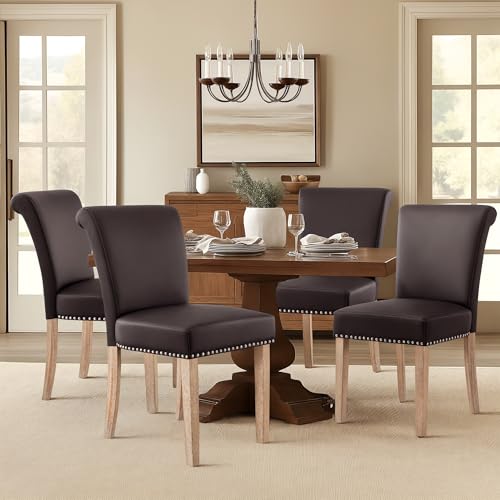 Image of CHUN YI Dining Chairs Set of 4, Faux Leather Dining Room Chairs, Upholstered Modern Kitchen Parsons Chairs for Dining Room with Sturdy Wood Legs, Vintage Brown