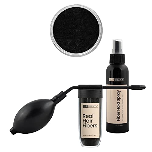 Hair Illusion Combo Kit – Hold Spray, botella de fibra de pelo de 38 g, aplicador y optimizador de línea de cabello (negro azabache negro)