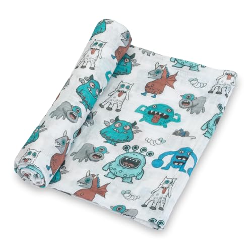 Image of LollyBanks Muslin Swaddle Blankets, 100% Cotton Soft and Breathable Baby Blanket for Boys, 47 x 47 Inches Receiving Blankets, Lightweight Newborn Swaddles, Nursery Must Haves (Monsters Print)