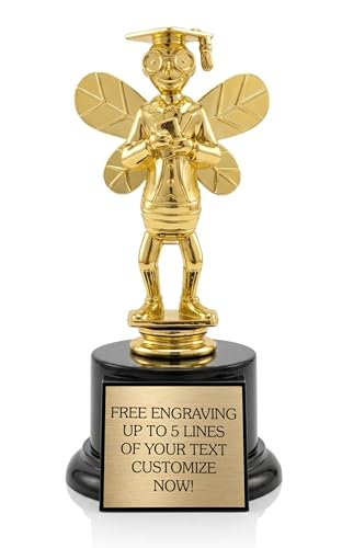 Awards4U Spelling Bee Trophy with Personalized Engraving Plate - 7 Gold Bee Award on Black Base - Custom Spelling Competition Trophy for School Classroom Contest or Academic Achievement