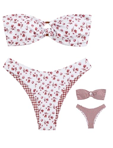 Image of ZAFUL Women's Bandeau Bikini O Ring Strapless Tie Back High Cut Two Piece Swimsuit Bathing Suits