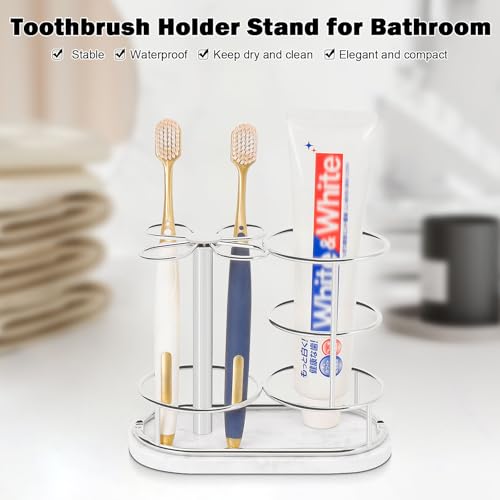 Image of Toothbrush Holder Stand for Bathroom, Metal Toothbrush Organizer with Marble Base, Toothbrush Storage Collection for Family, Suitable for Home Hotel Countertop Vanity (Medium, Chrome Finish)