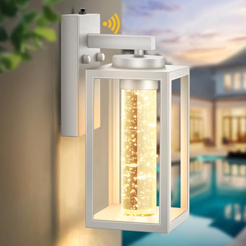Image of VIANIS White Outdoor Sconce Lights Integrated LED Light Source, Anti-Rust | Dusk to Dawn Sensor, Crystal Bubble Glass, Fade-resistant, Waterproof Exterior Light Fixture Wall Mount Lantern for House