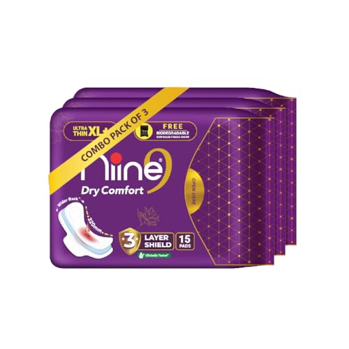 Image of Niine Dry Comfort Ultra Thin XL+ Sanitary Pads for Women | 45 Pads, Pack of 3| 320mm Long|Suitable for Heavy Flow|Faster Absorption |Prevents Wetness & Leakage |With Free Biodegradable Disposable Bags