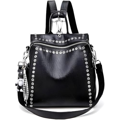 KUKEANVO Damen 2-in-1 Wandelbare Tasche mit Nieten Große Shopper Tote Rucksack Handtasche Schwarzer Reiserucksack für Uni Arbeit Freizeit