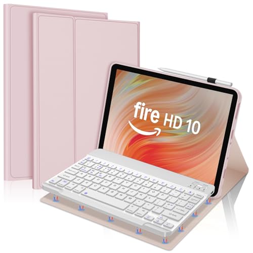 FOGARI Keyboard Case for Fire HD 10 & 10 Plus 10.1 inch (13th/11th Generation 2023/2021), Detachable Bluetooth UK Version Keyboard Cover, Pink