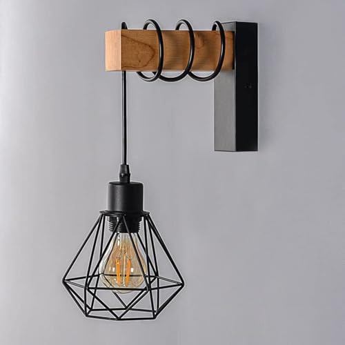B·LED BARCELONA LED Applique murale vintage avec 1 ampoule design industriel, lampe rétro en acier et bois, blanc, marron, culot E27 LM135-N_FBM Noir (Lot de 4) – vue 3