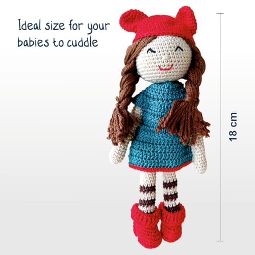 Image of Clapjoy Crochet Handmade Doll Toy with Removable Dress | Soft Cotton Knitted Doll for Girls | Pretend Play, Gift & Room Decor (Blue Dress Doll)
