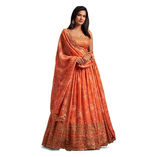 Zeel Clothing Women's Organza Floral White Semi-Stitched Lehenga Choli (7612-Orange-Wedding-Floral-Lehenga-New, Orange)
