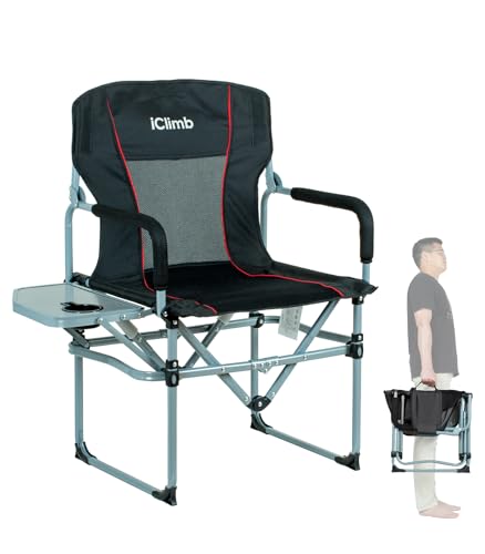 iClimb Heavy Duty Compact Camping Folding Mesh Chair with Side Table and Handle (Black)